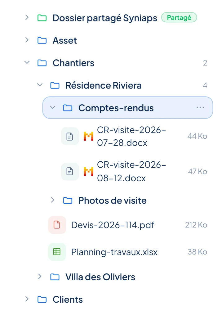 The Syniaps file explorer on a phone: the Job sites folder expanded on Résidence Riviera, its site visit reports and its quote.